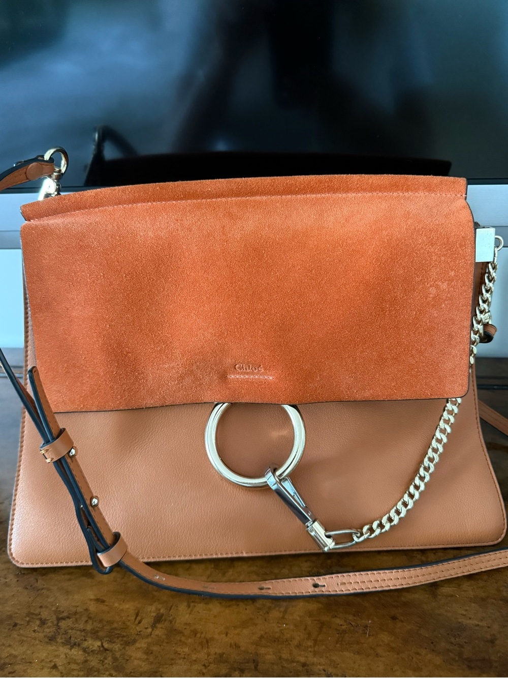 Faye Small Shoulder Bag in Suede & Leather Orange
